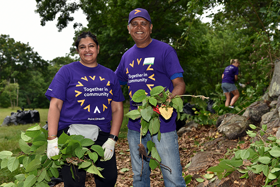 A group of Point32Health colleagues volunteered with the Emerald Necklace Conservancy in Boston